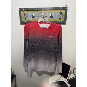 Magellan Outdoors men's long-sleeve fishing shirt red and gray gradient design.